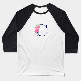 Watercolor Floral Letter C in Navy Baseball T-Shirt